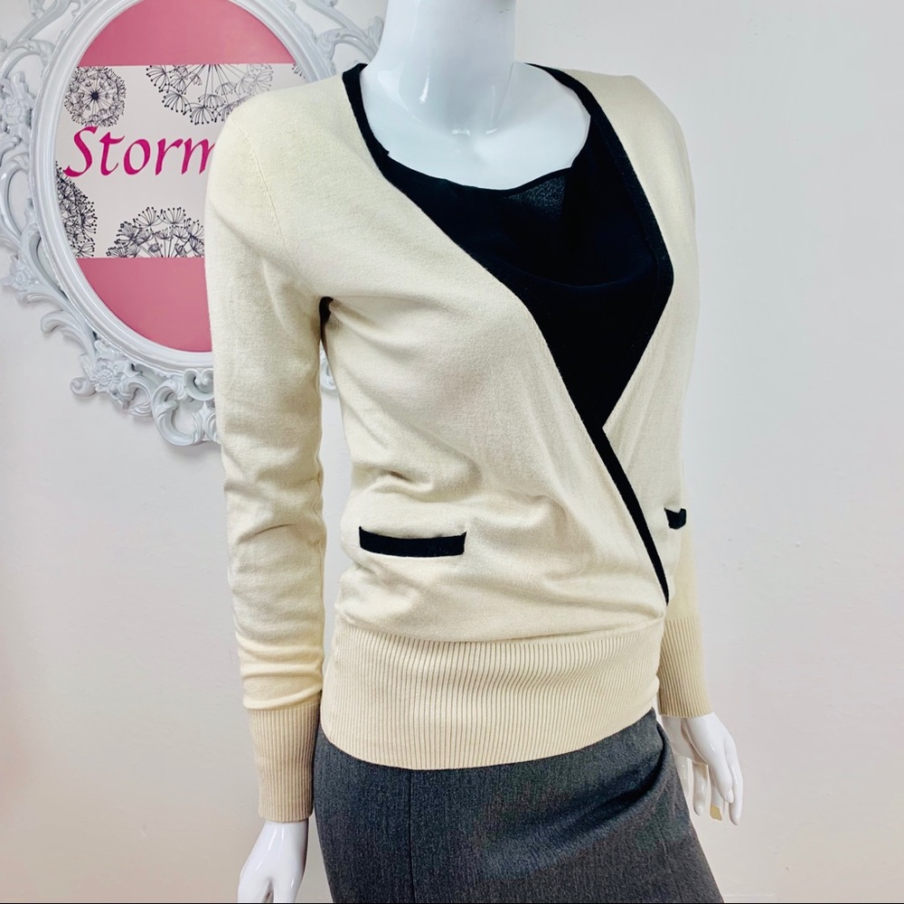 Ann Taylor / Cream Black Surplice Sweater - Picture 2 of 7